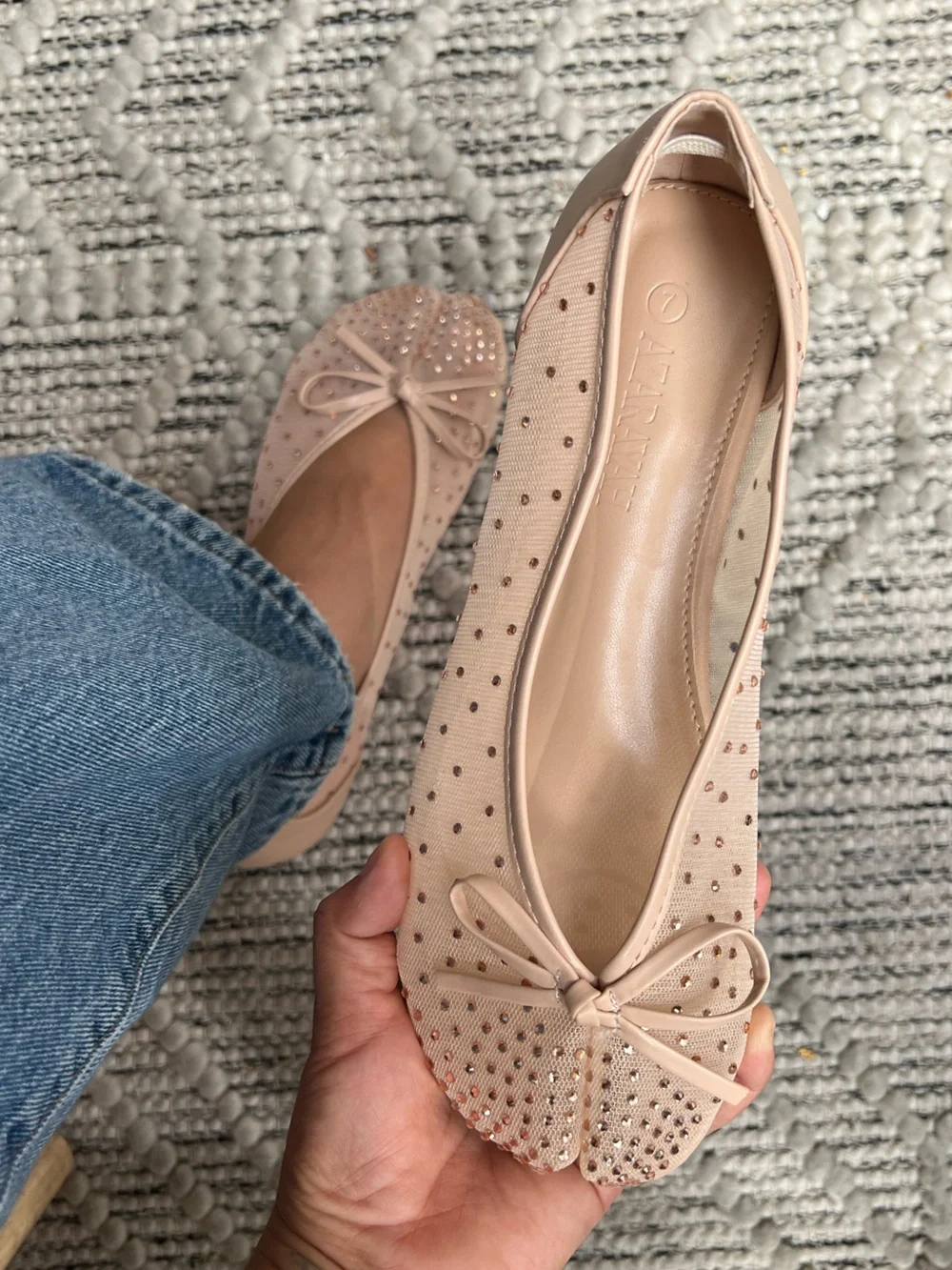 Nude Mesh Tabi Bow with Rhinestone Accents Split Toe Tabis Flat